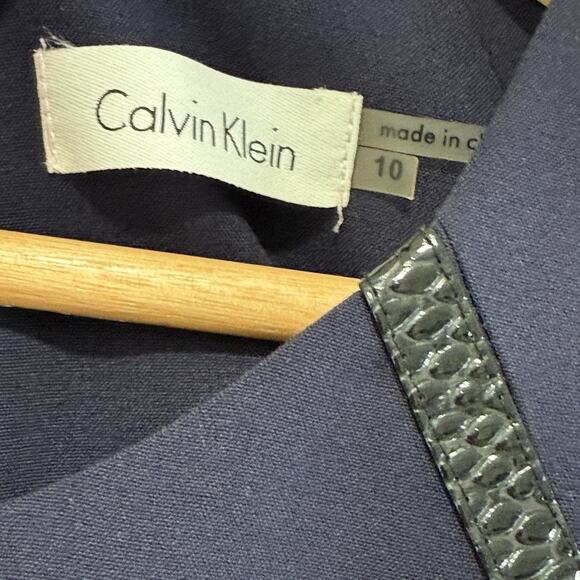 Calvin Klein Cap Sleeve Faux Leather Trim Sheath Dress Sz 10 Indigo Work Career - Picture 5 of 10